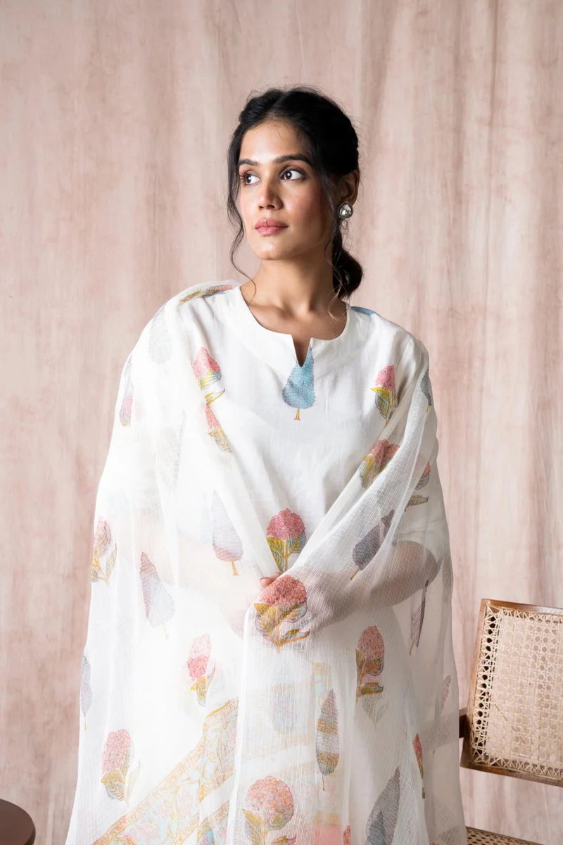 GoSriKi  GoSriKi Women's Cotton Blend Straight Printed Kurta with Pant & Dupatta (Nairiti White-GS_XL_White_X-Large) for Women | Best Price UAE